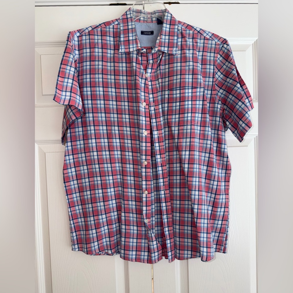 Izod Casual Pink and Blue Plaid Button Down Shirt